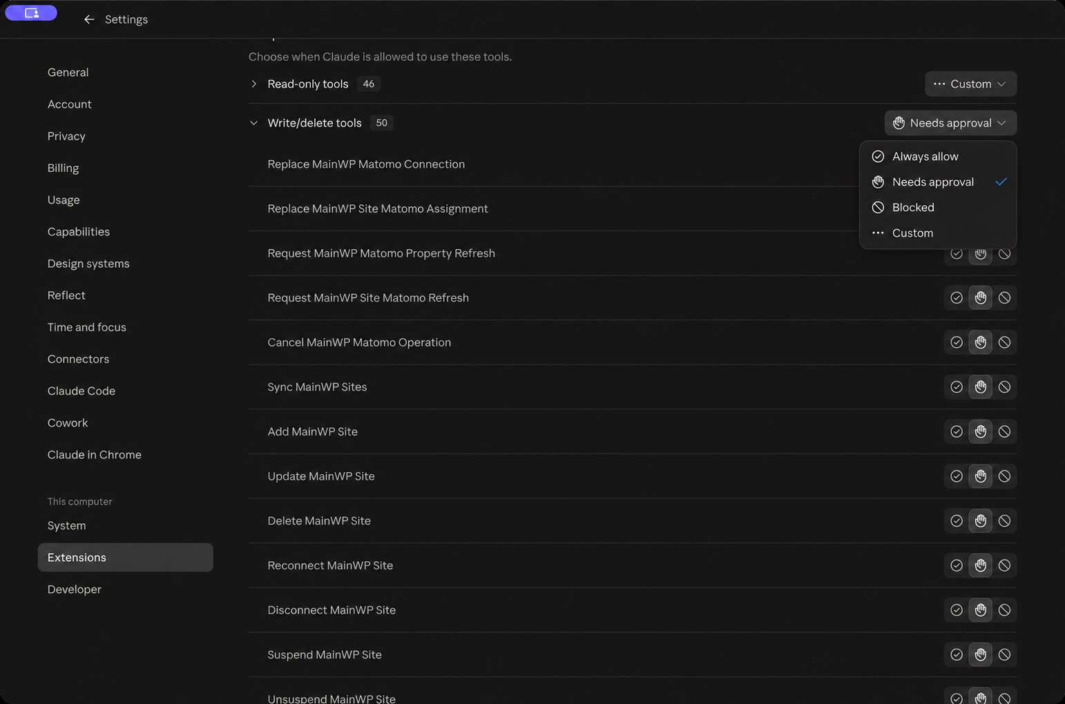 Claude Desktop Write/delete tools menu with Needs approval selected and Always allow, Blocked, and Custom available.