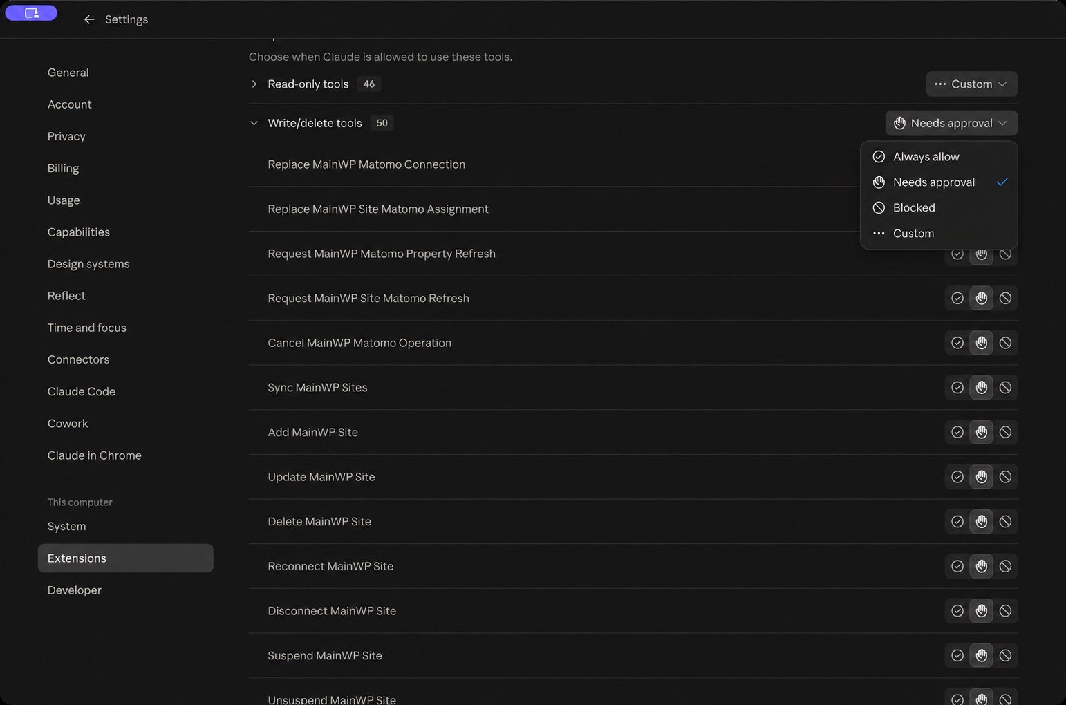 Claude Desktop Write/delete tools menu with Needs approval selected and Always allow, Blocked, and Custom available.