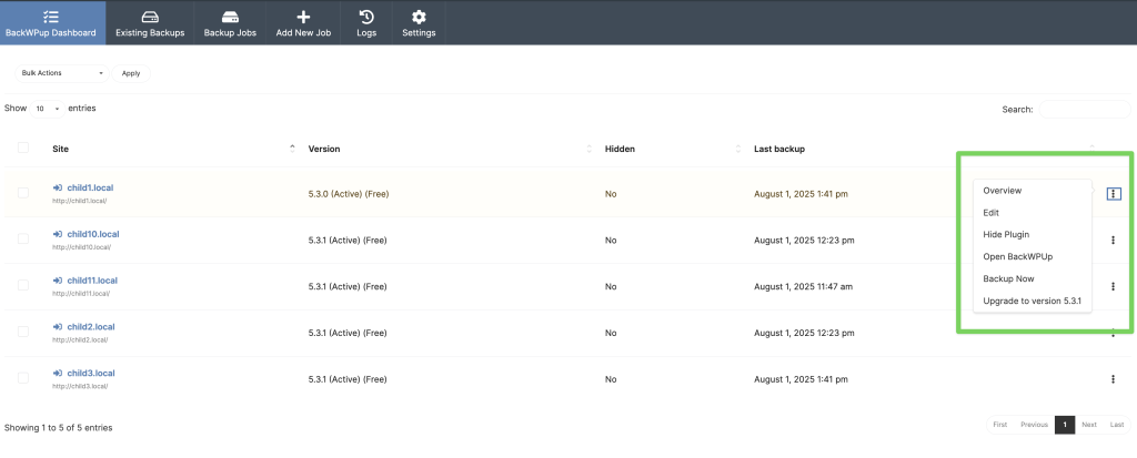 Screenshot of BackWPup ellipsis menu showing available actions