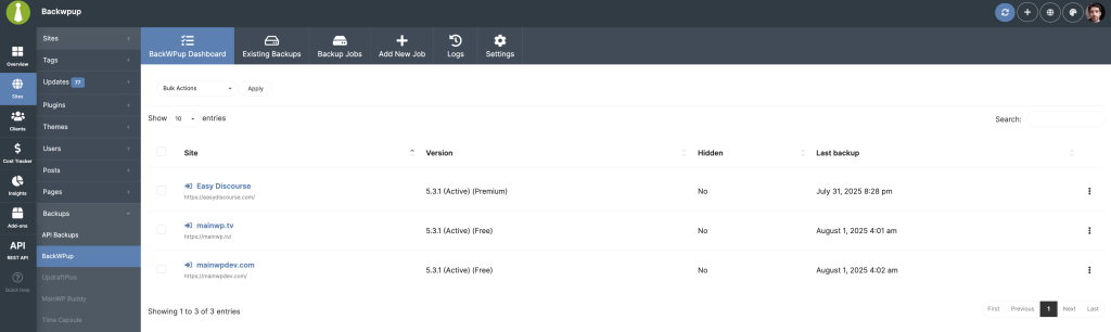 Screenshot of BackWPup add-on dashboard showing child sites with backup status
