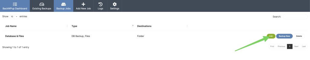 Screenshot of Backup Jobs list with Edit action highlighted