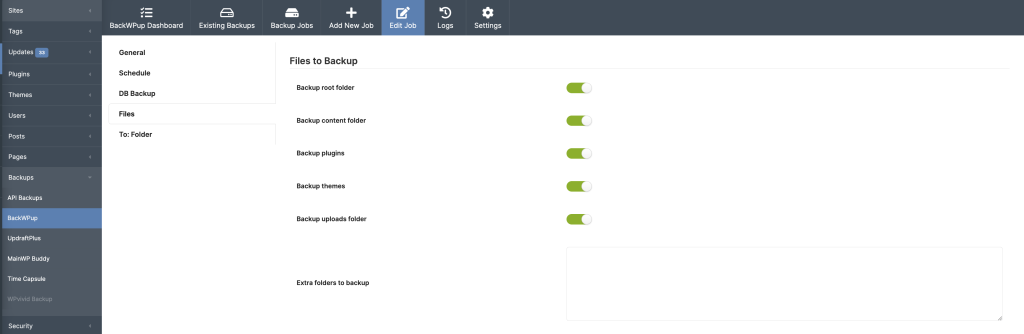 Screenshot of job additional settings for database tables and file exclusions
