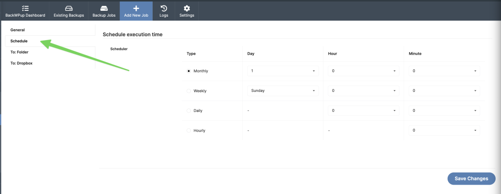 Screenshot of backup schedule configuration options