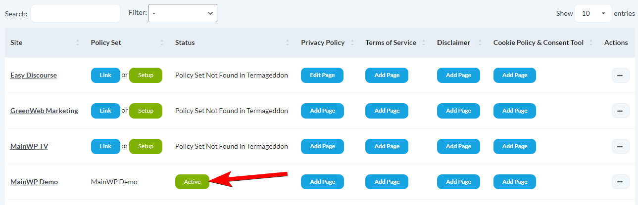 Status column showing Active status for linked sites