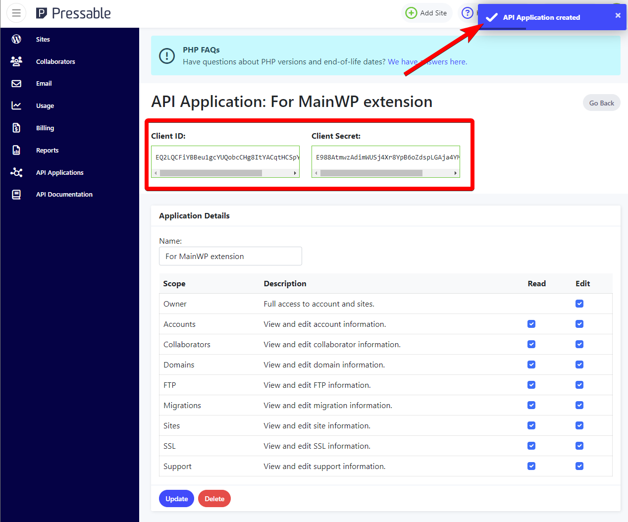 Pressable Client ID and Client Secret displayed after creating API application