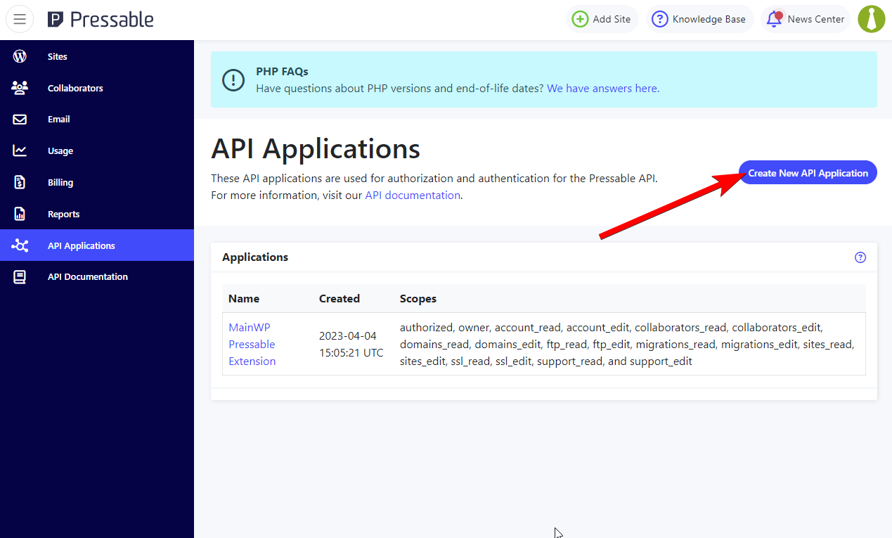Click the Create New API Application button