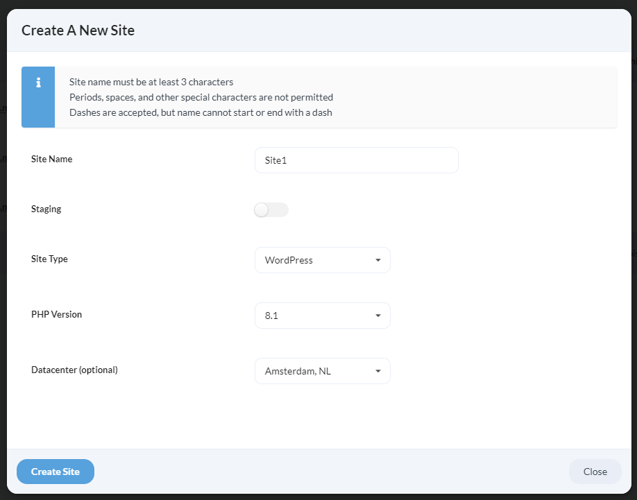 Enter the information for the new site