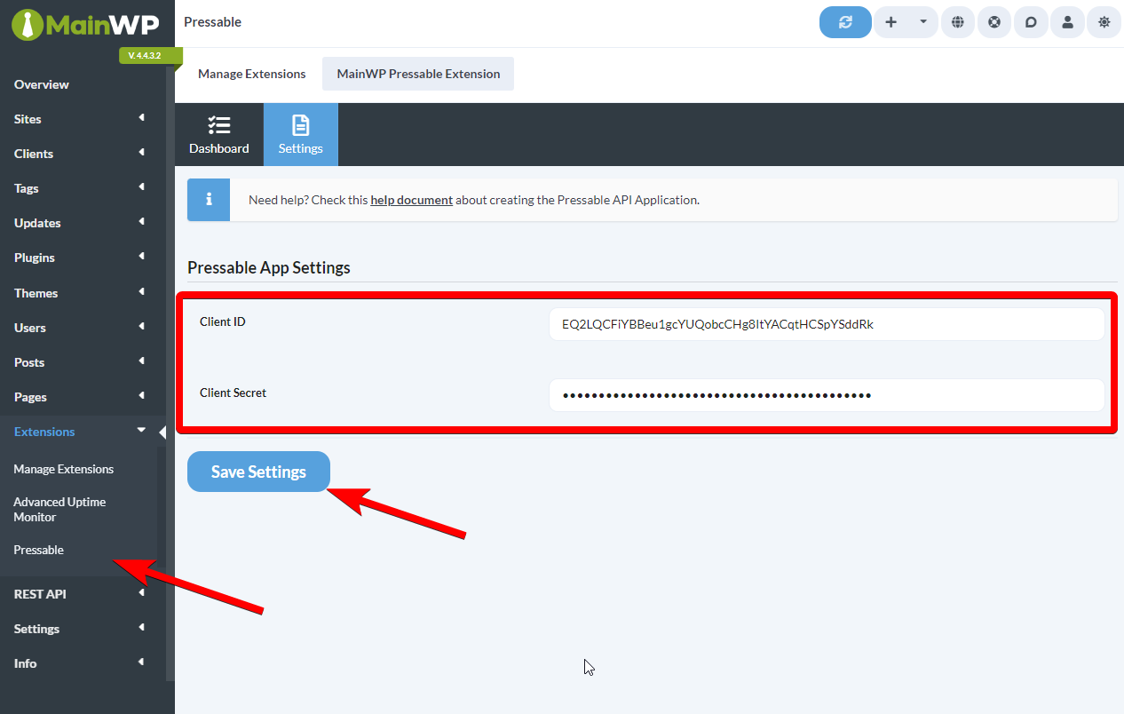 MainWP Pressable Settings with Client ID and Client Secret fields