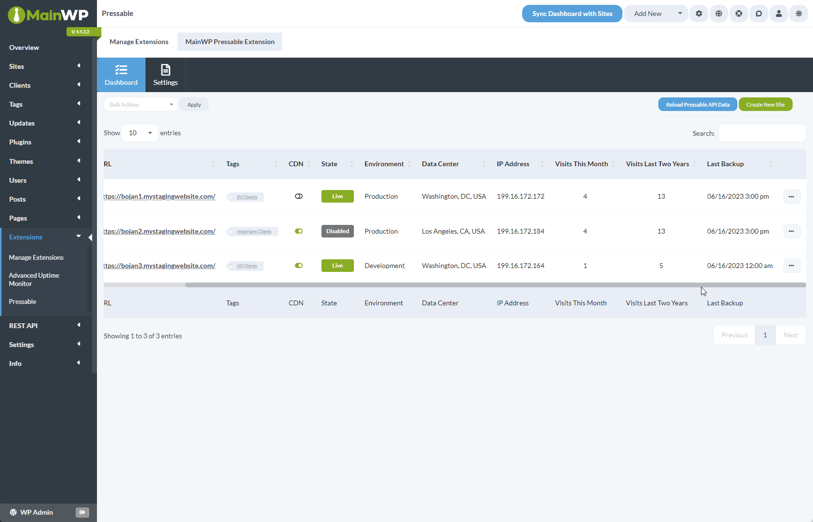 Pressable Backups page with Site Restore and download options