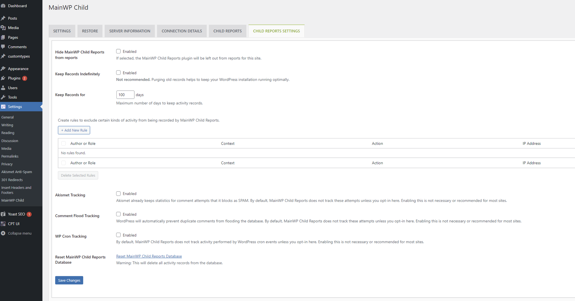 Child Reports settings