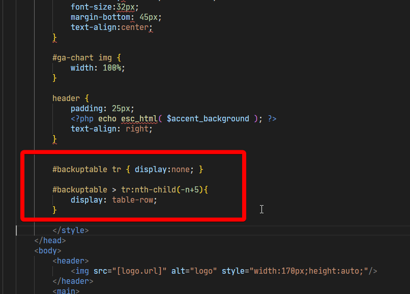 CSS code limiting table rows to display only 5 entries
