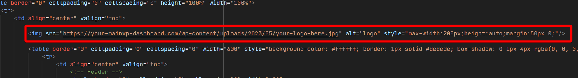 Modified code with hardcoded image URL for email-only logo