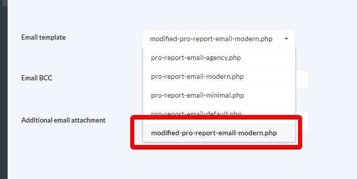 Email Template dropdown in Pro Reports settings
