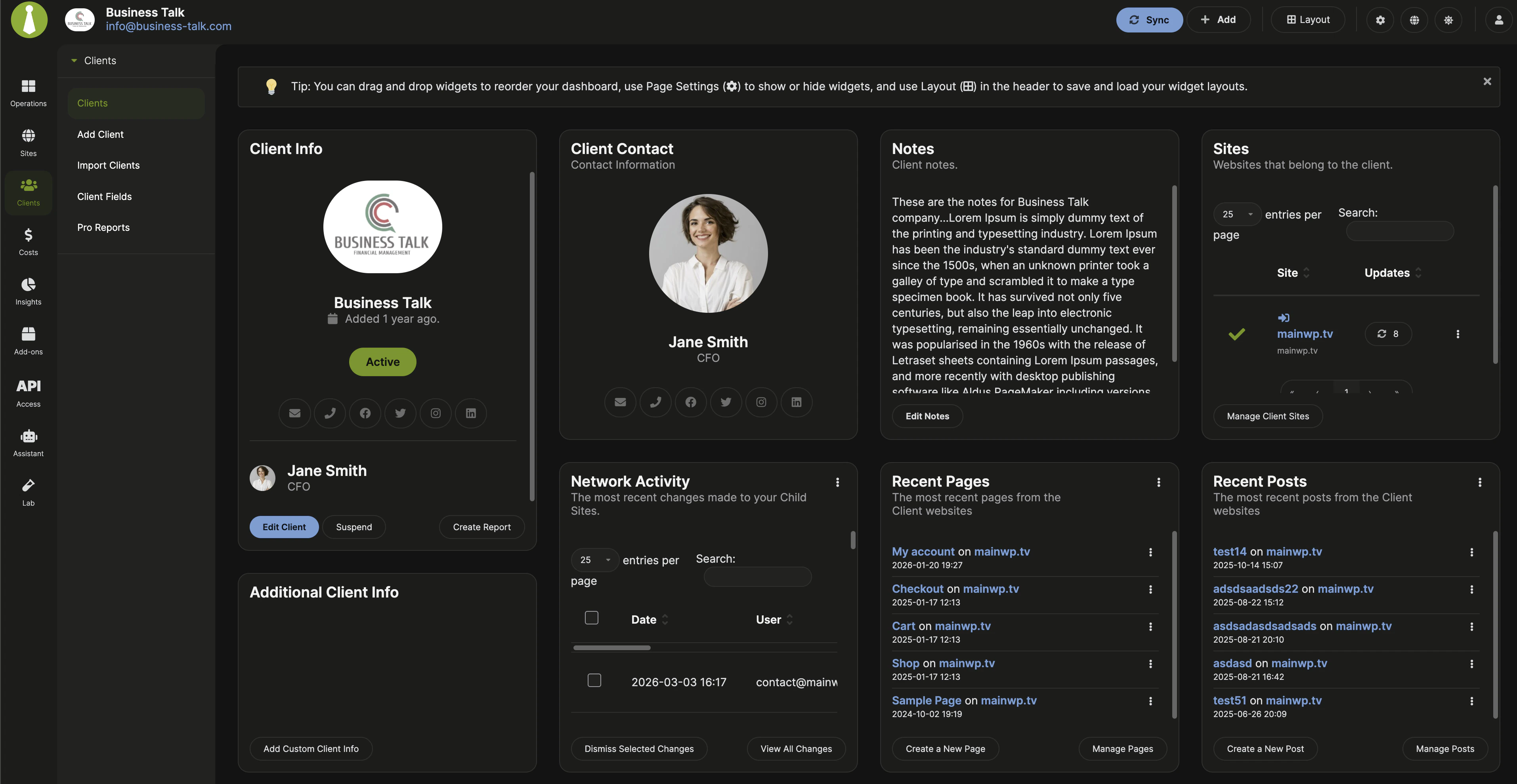 Recent Posts, Recent Pages, and Network Activity widgets on the Client Card