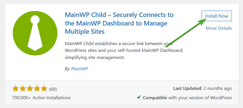 MainWP Child plugin in WordPress plugins list