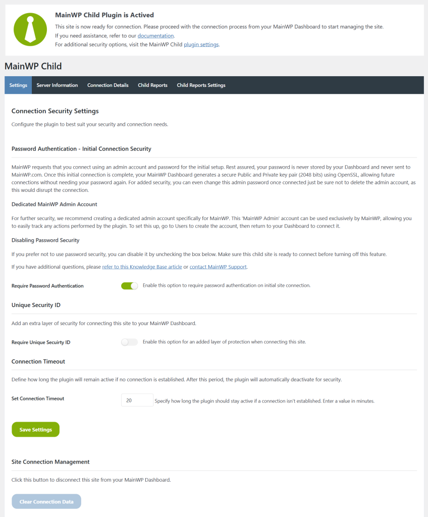 MainWP Child plugin settings page