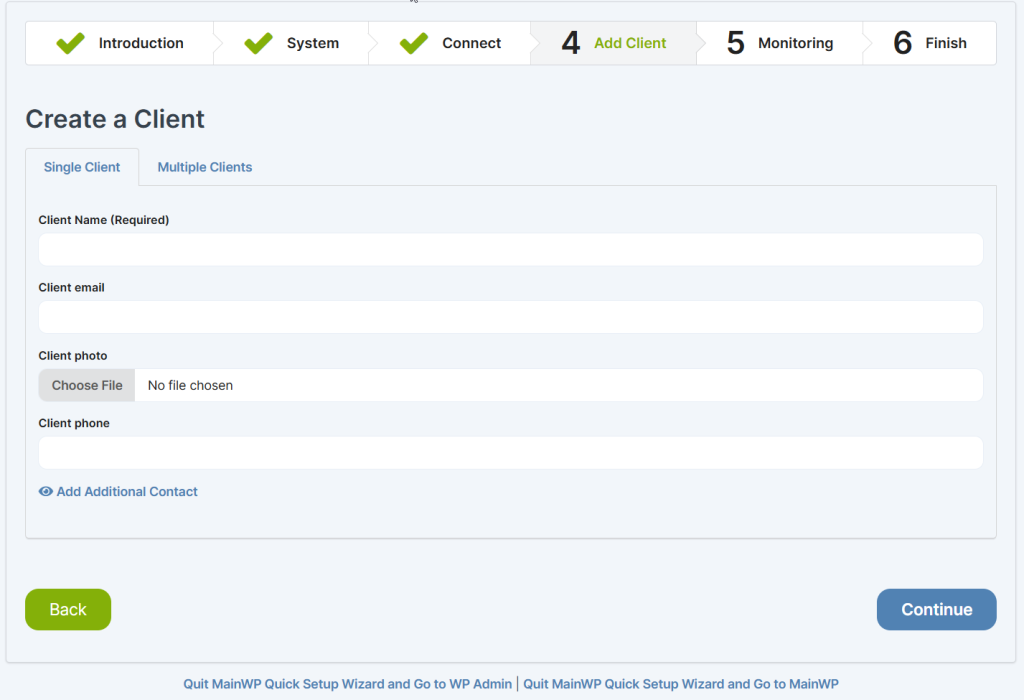 Add Client form with contact fields