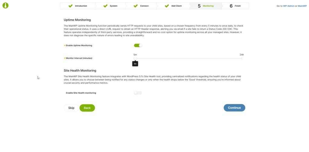 Monitoring settings configuration screen