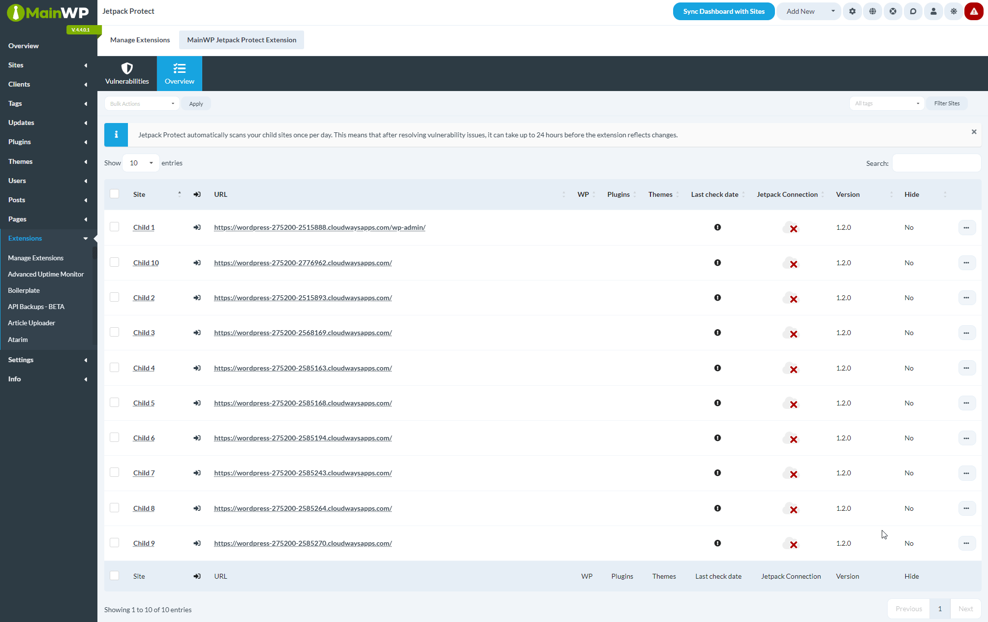 Animated screenshot showing bulk Connect Jetpack action being applied to multiple sites
