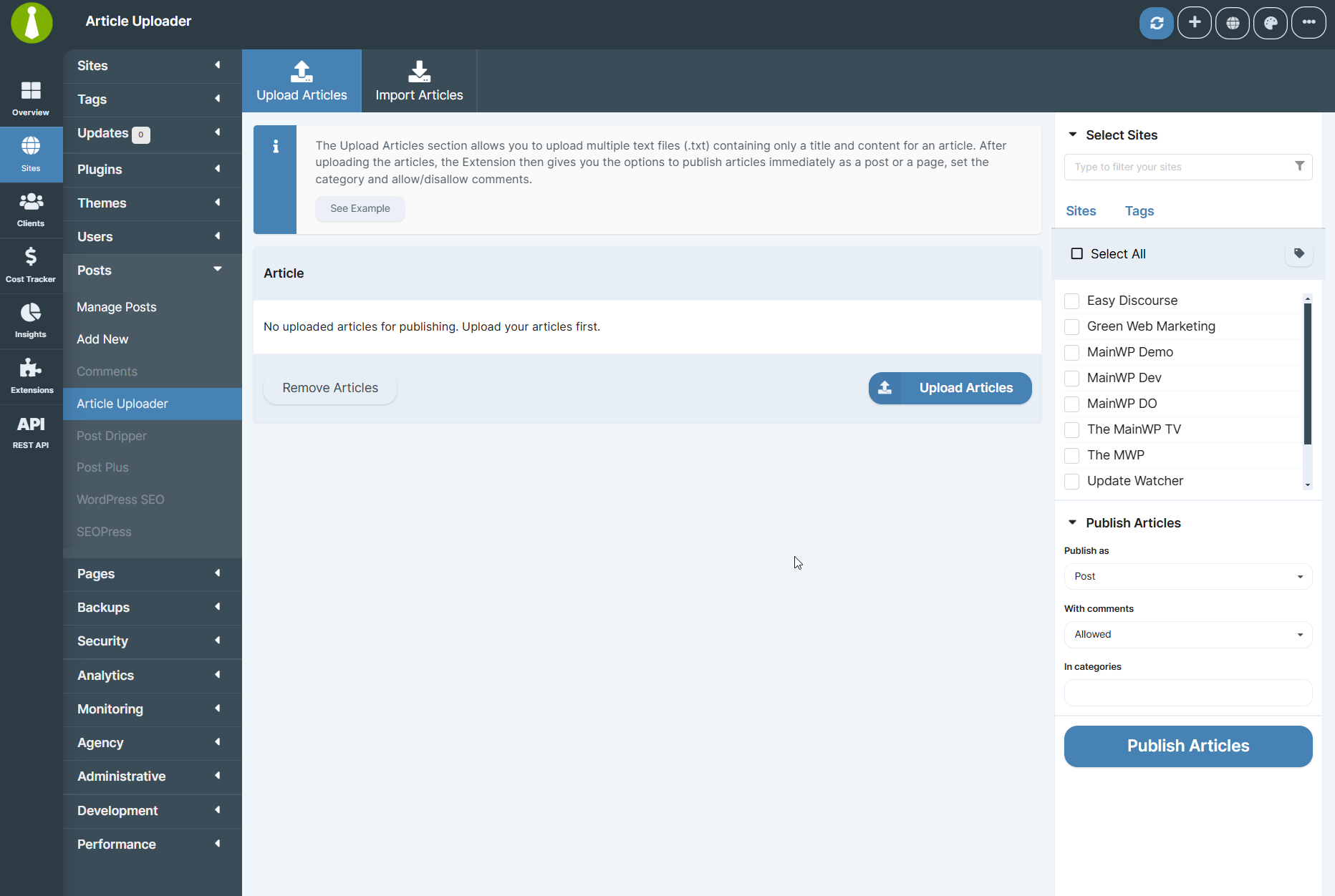 Upload Articles page with file selection interface