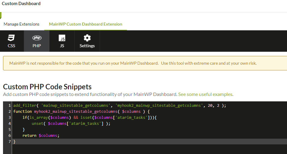 Custom Dashboard, PHP code snippet