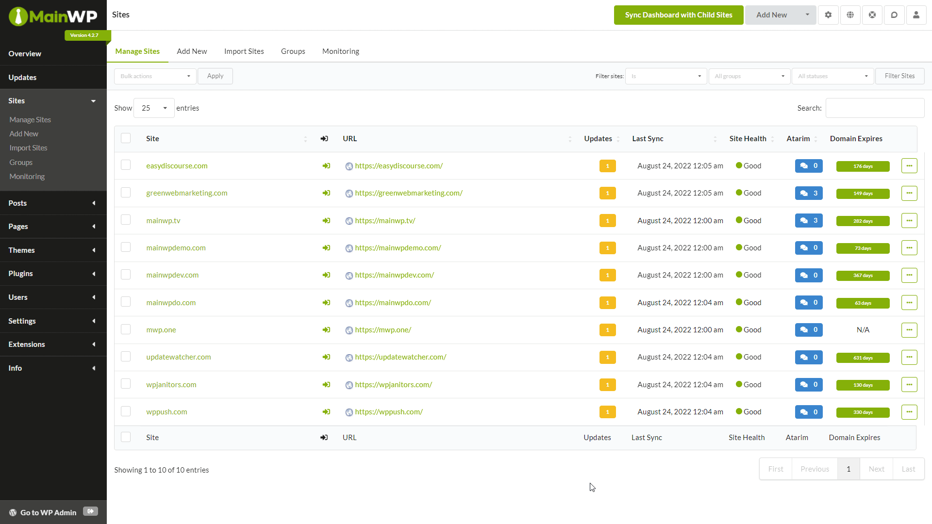 Remove Atarim column from the Manage Sites table.
