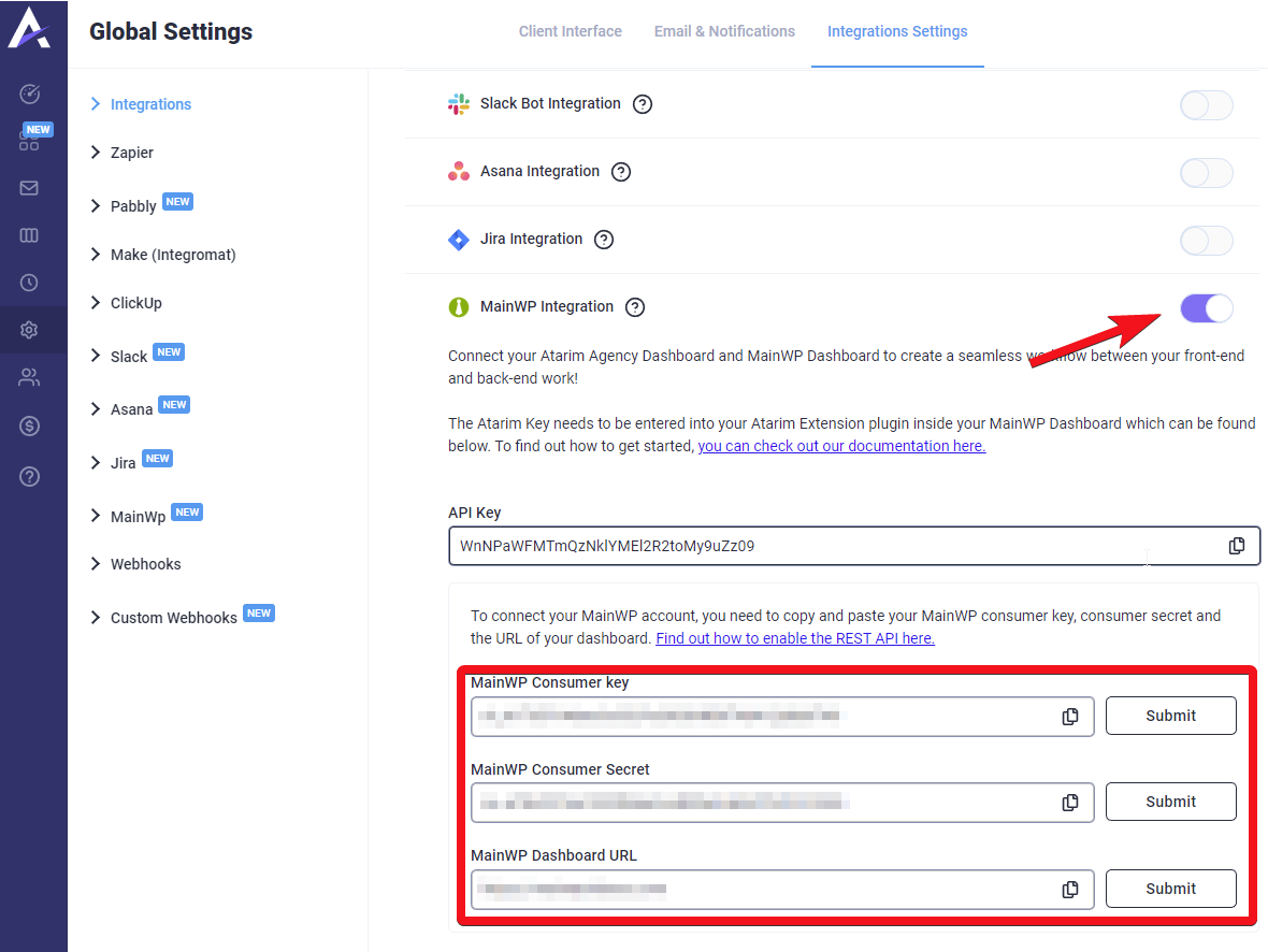 Enable MainWP & Atarim integration in your Atarim account