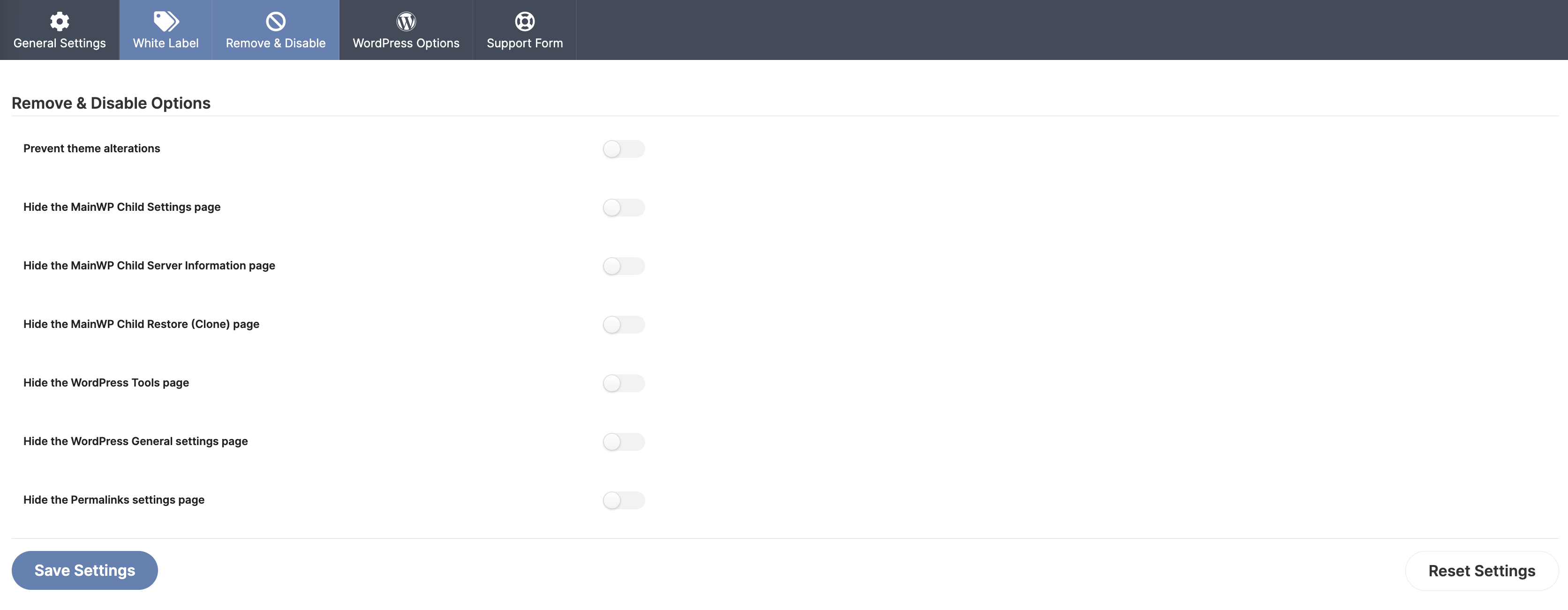 Remove and disable white label options