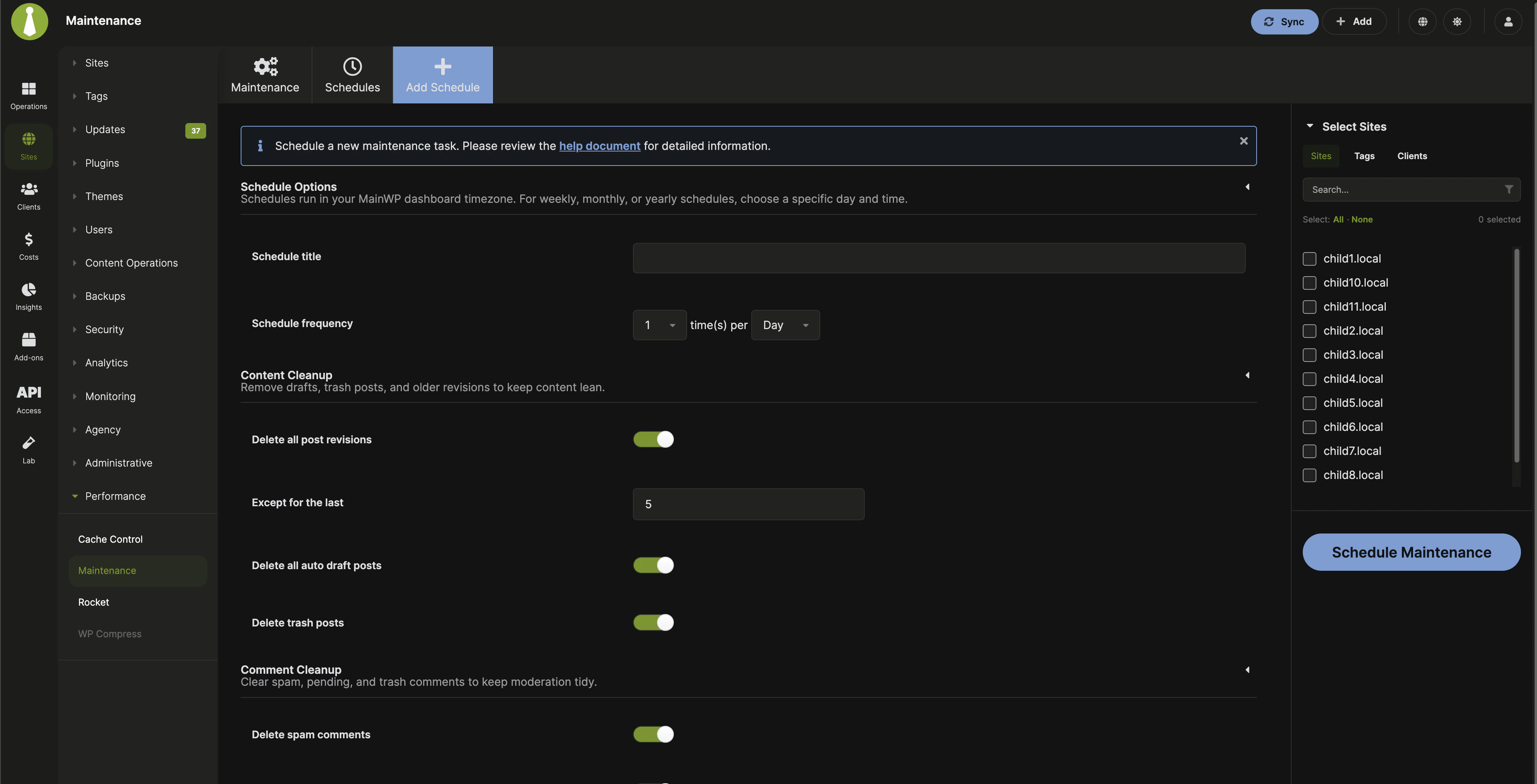 MainWP Maintenance create new schedule screen with schedule options, maintenance tasks, and site selection