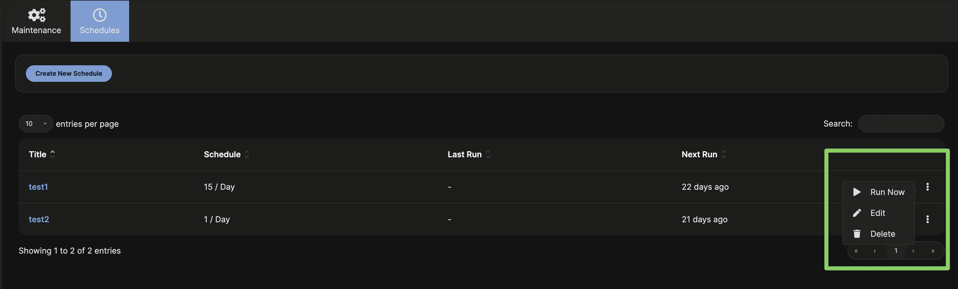 MainWP Maintenance schedules table showing the ellipsis action menu for running, editing, and deleting scheduled jobs