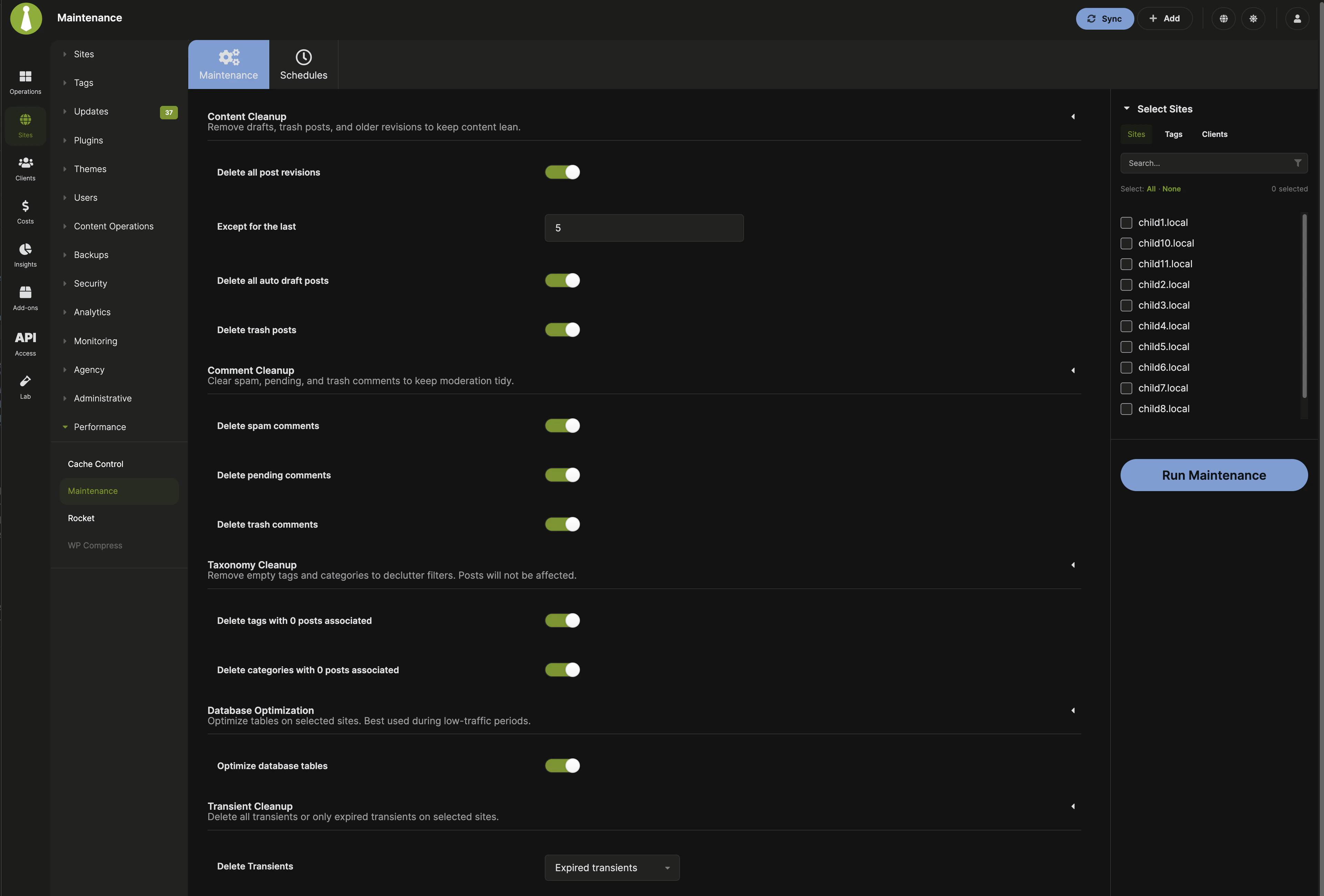 MainWP Maintenance main tab showing cleanup options, transient cleanup, and the Select Sites accordion