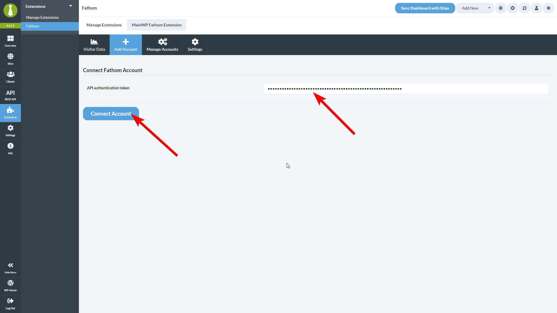 MainWP Fathom Add Sites page with API token field and Connect Account button