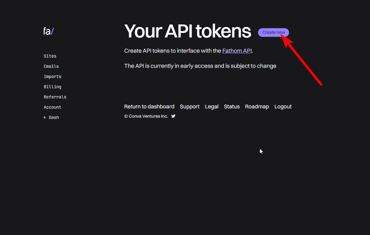 Fathom API page with Create New button to generate API token