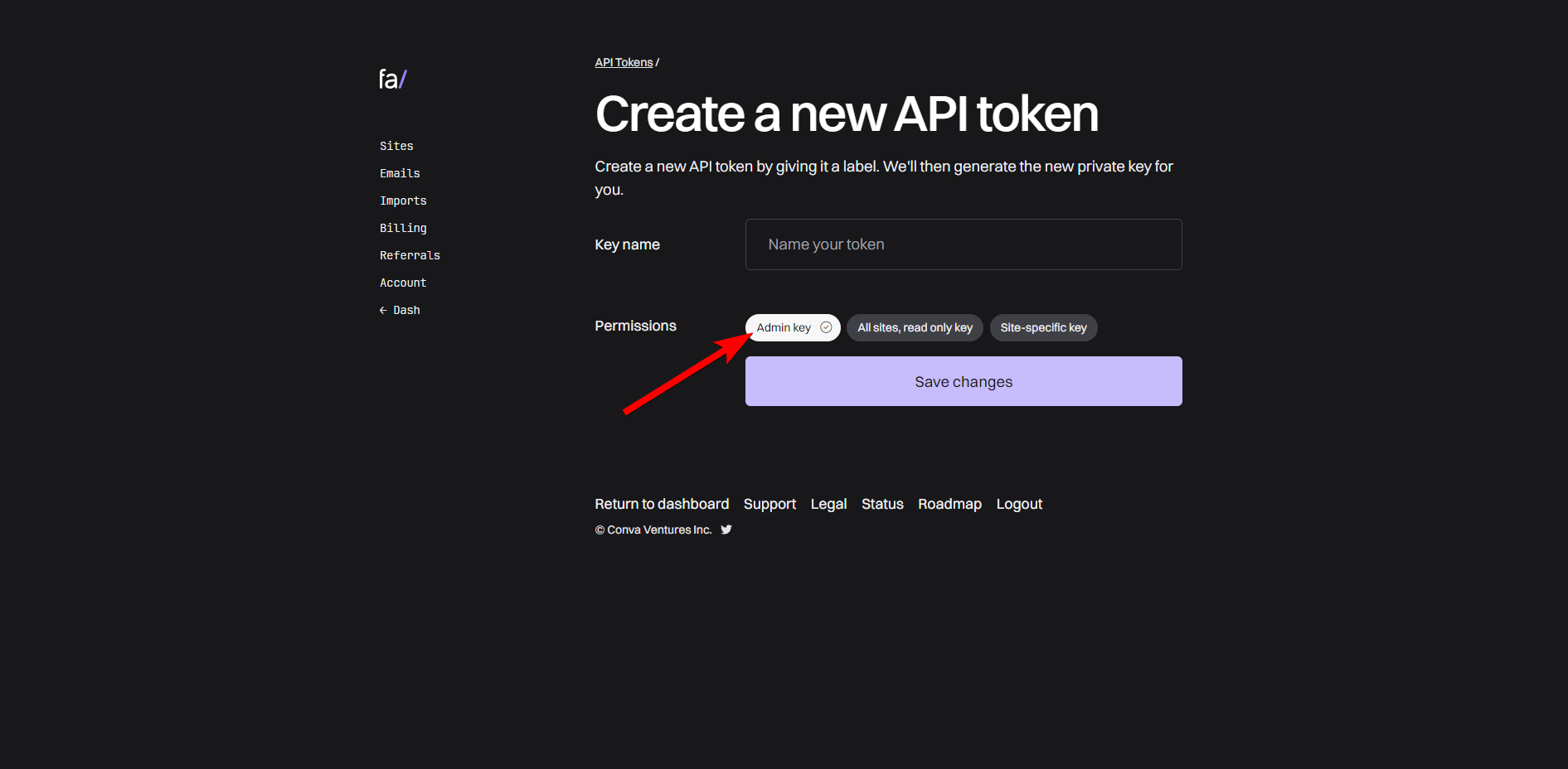 Fathom API token creation form with name field and Admin key permission