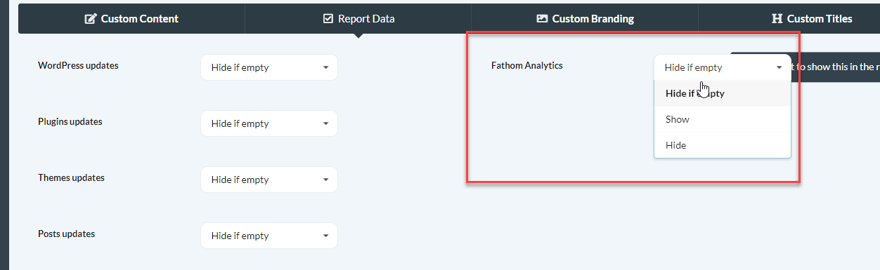 Pro Reports Report Data section with Fathom data option selected