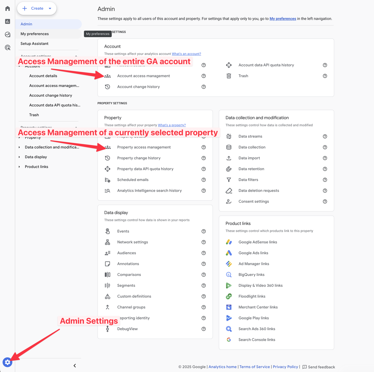 Google Analytics Admin settings showing account and property access options