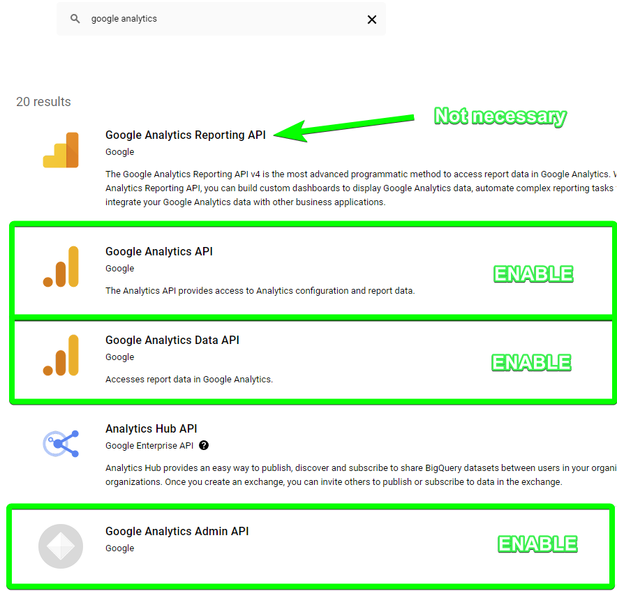 Google Cloud API Library showing required APIs to enable