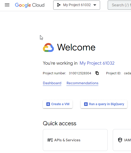 Animation showing navigation to APIs and Services in Google Cloud Console