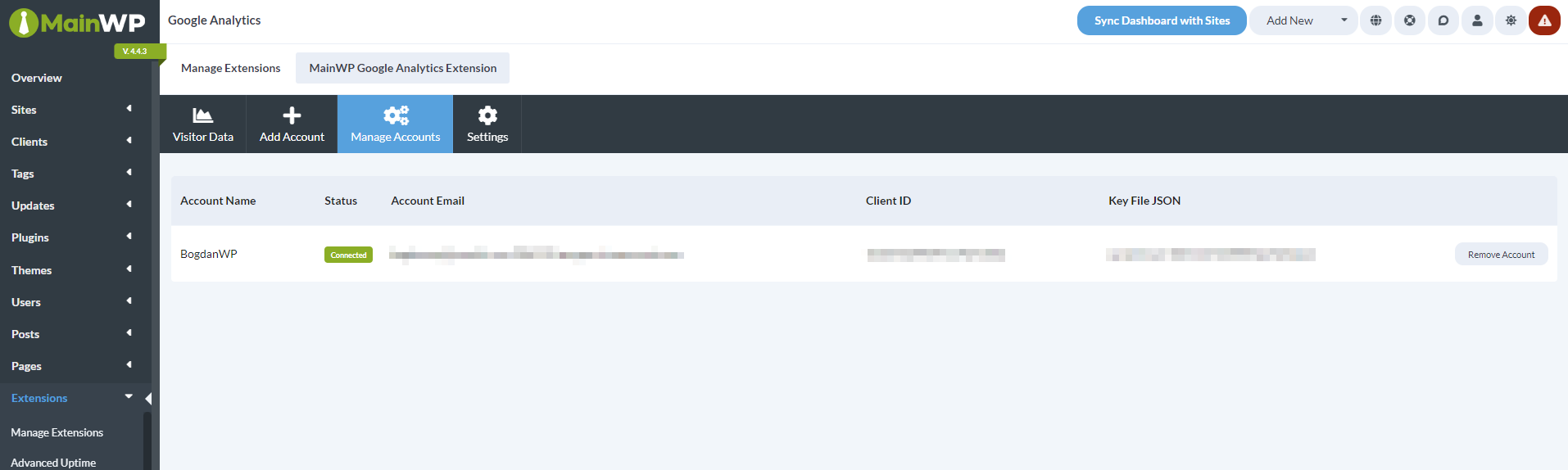 Manage Accounts tab showing connected Google Analytics account