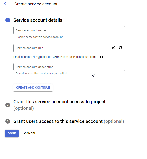 Animation showing Service Account creation in Google Cloud Console