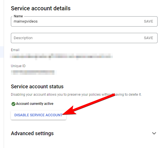 Google Cloud Console showing disabled Service Account status