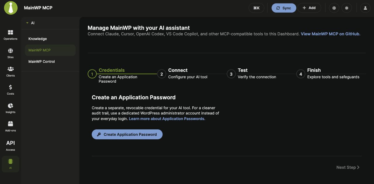 The MainWP MCP guided setup page with its Credentials, Connect, Test, and Finish steps