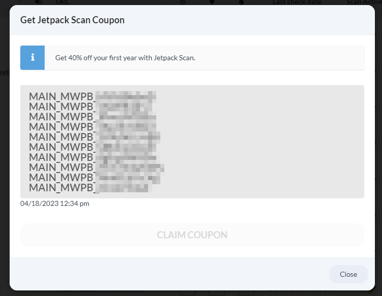 Screenshot showing generated Jetpack Scan discount coupons list