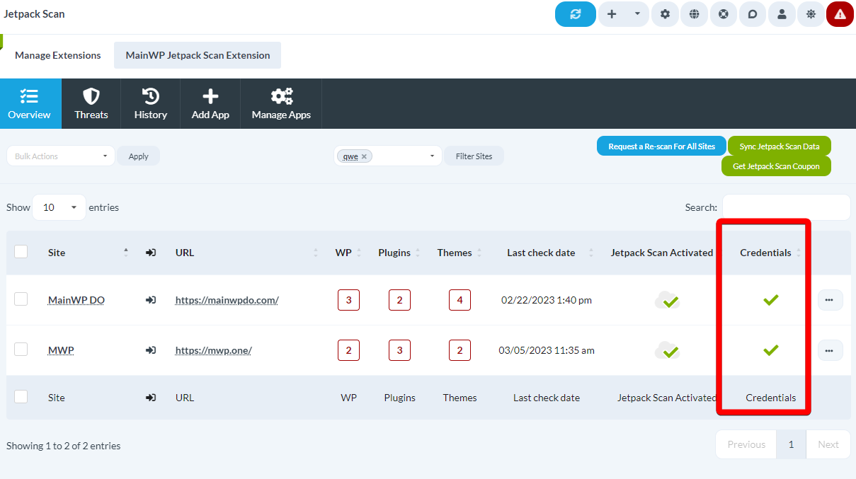 Screenshot showing Credentials column with red X and green checkmark indicators