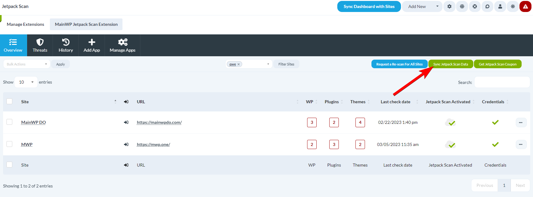 Screenshot highlighting the Sync Jetpack Scan Data button