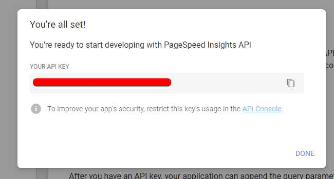 Screenshot showing generated API key ready to copy