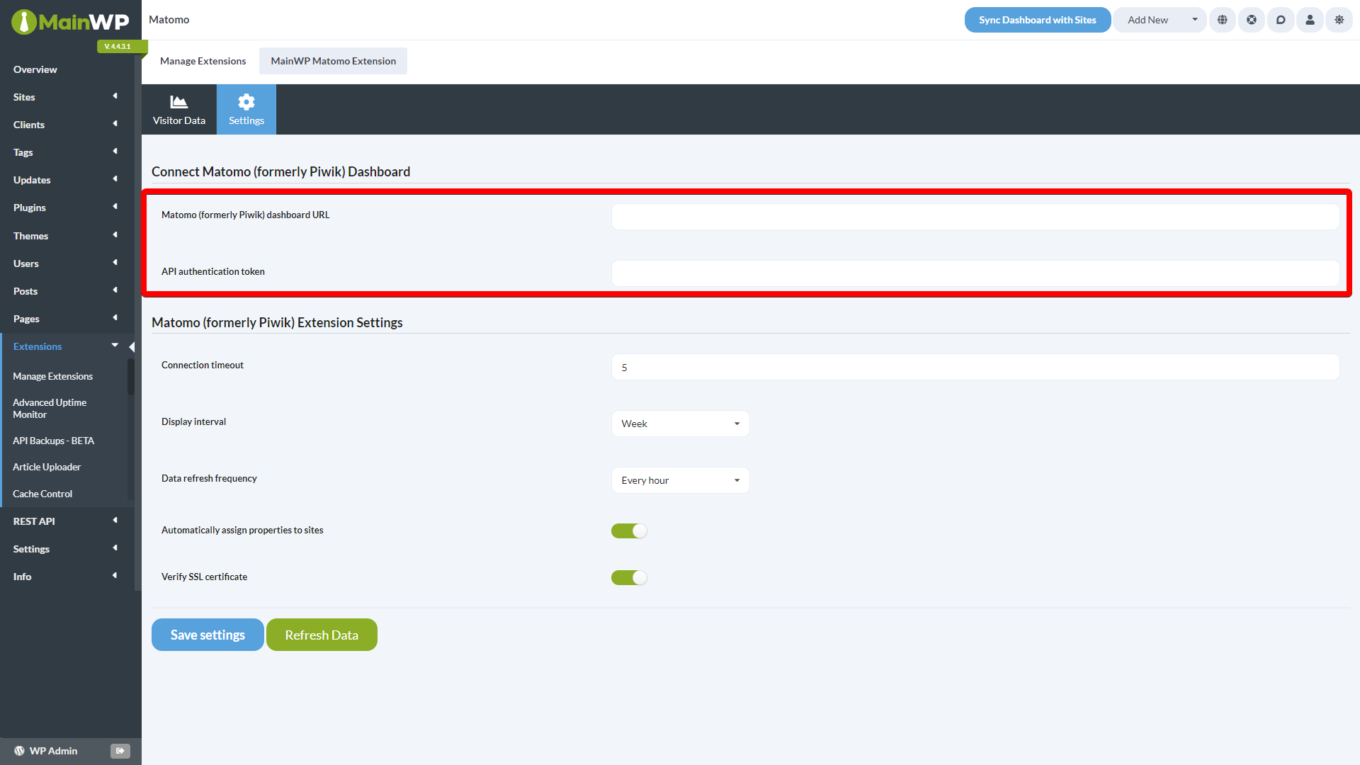 Connect Matomo Dashboard section with URL, API token, and settings fields