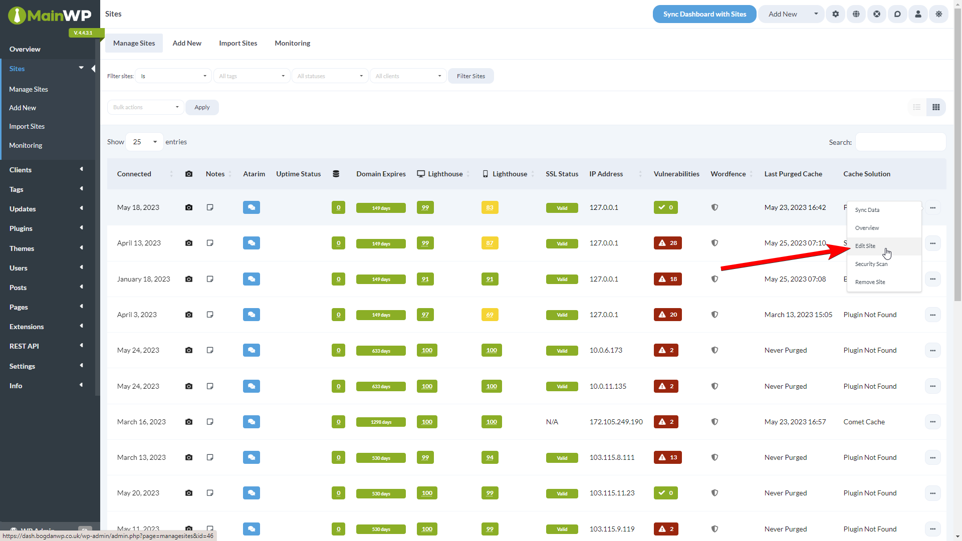 Edit action for child site in Manage Sites table