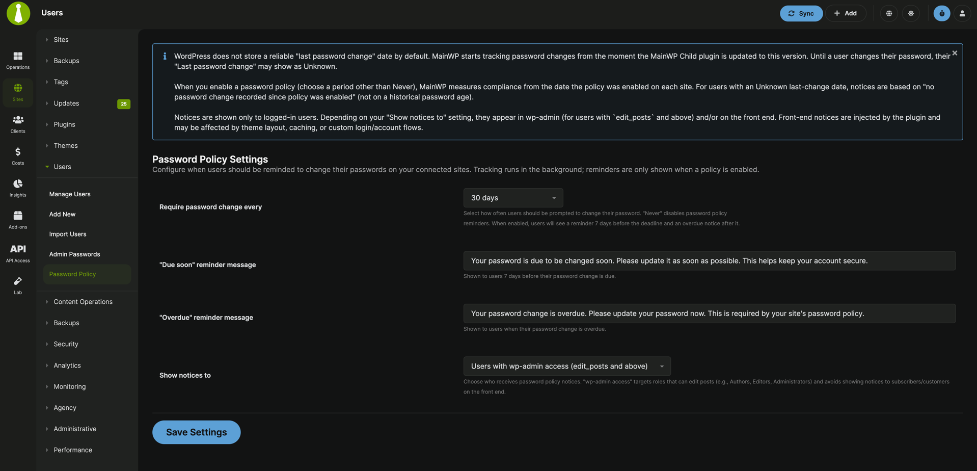 Password Policy settings page in MainWP Dashboard