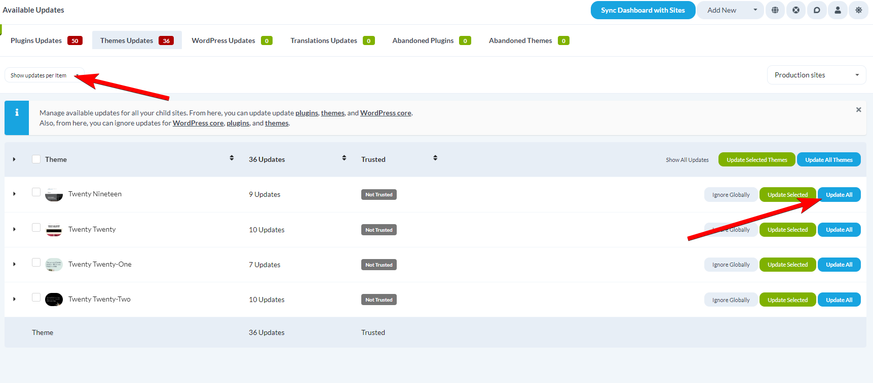 Theme Updates table with Update All button for updating a single theme across all sites